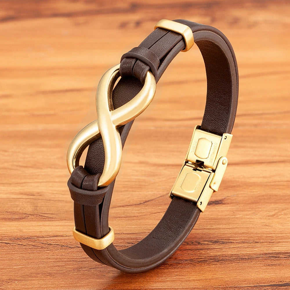 Luxury Leather Infinity Bracelet for Men – Stainless Steel Charm