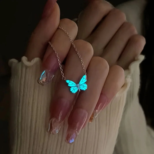 Blue Luminous Butterfly Necklace – Elegant Glow-in-the-Dark Jewelry