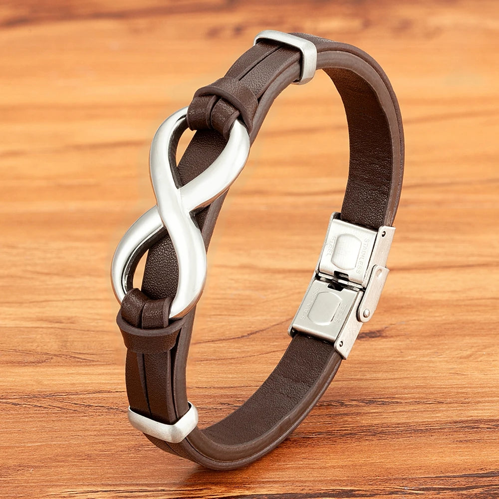 Luxury Leather Infinity Bracelet for Men – Stainless Steel Charm